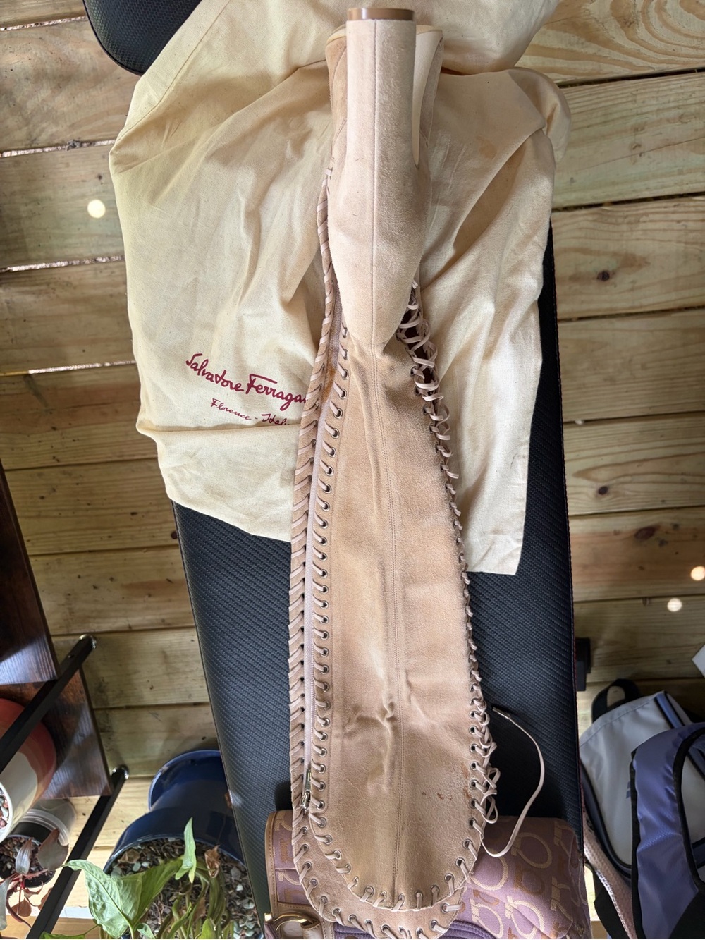 Salvatore Ferragamo  Lace-Up Over-the-Knee High Heel Boots - Nude - Picture 10 of 15